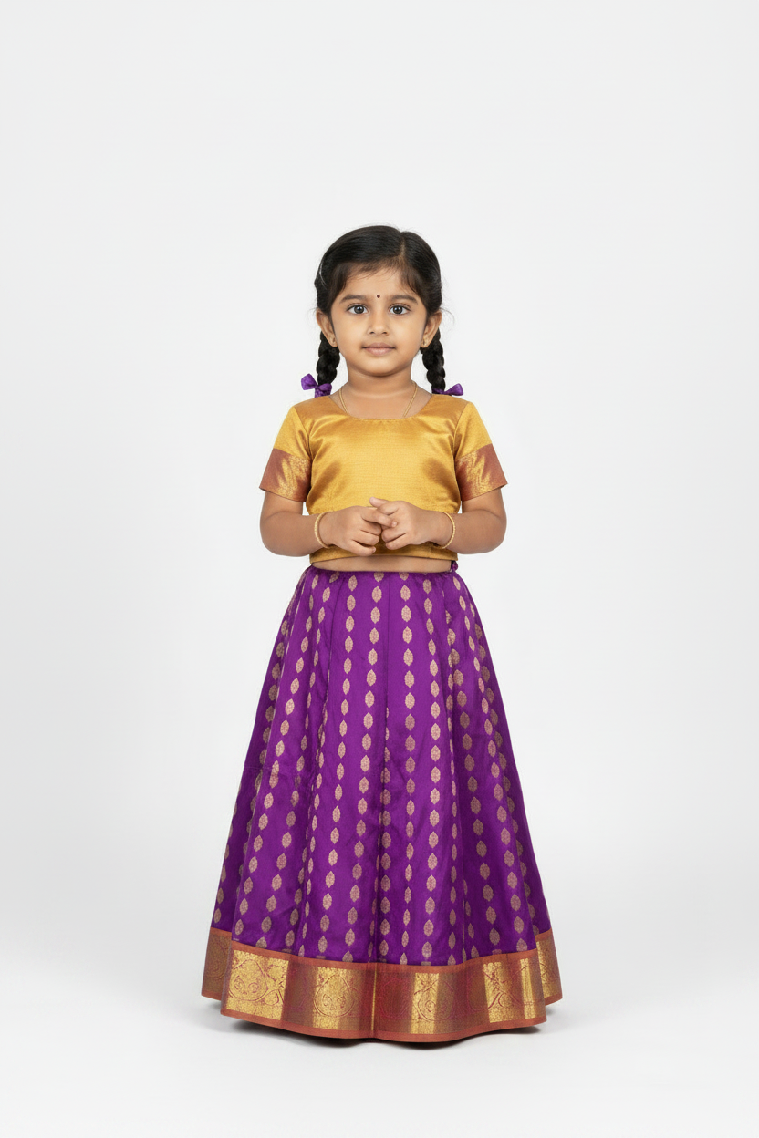Magenta Shade Pure Kanchipuram Kids Pattu Pavadai with Contrast Border for Newborn to 2 Years