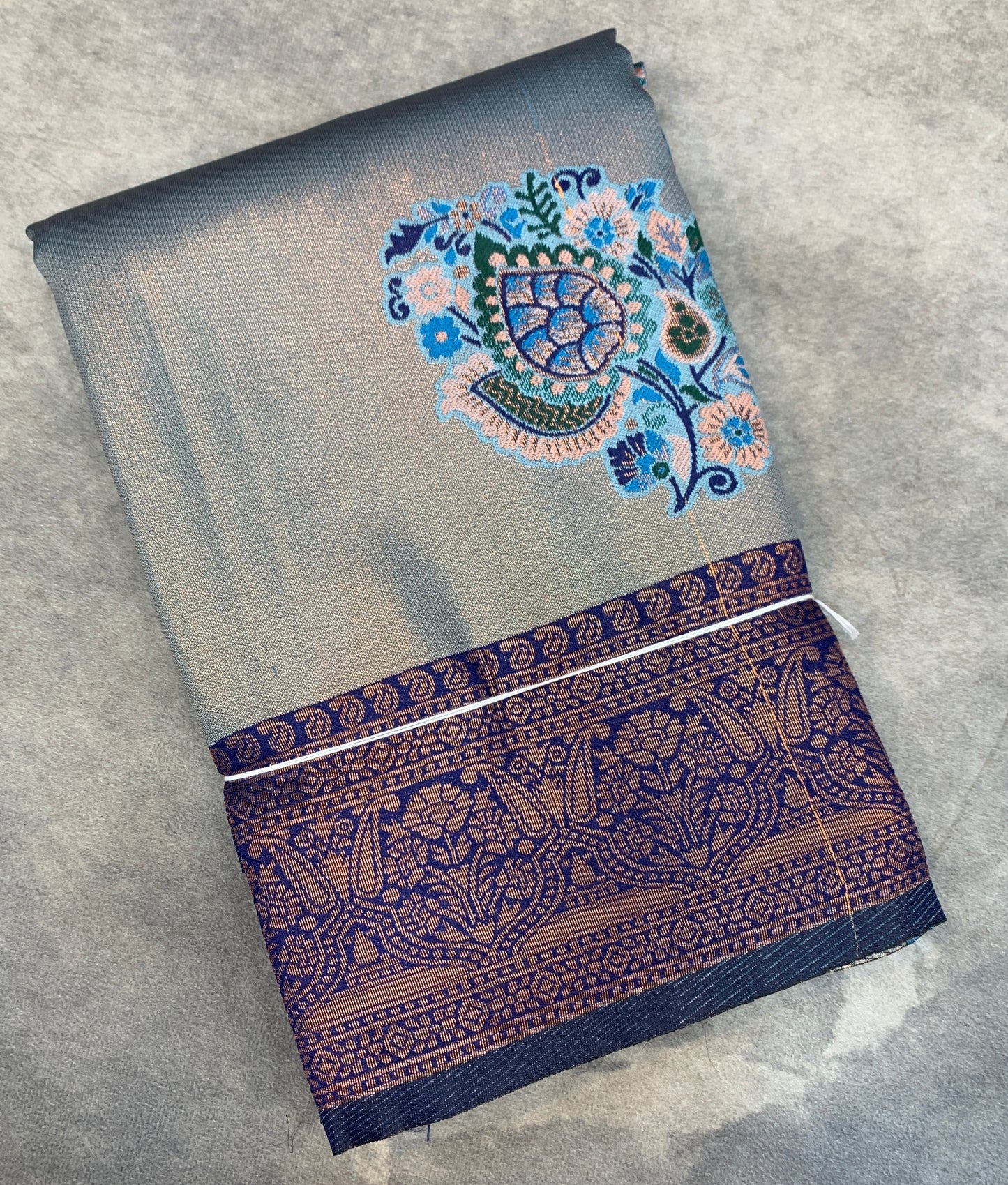 Fancy Tissue Saree Sky Blue Colour with Navy Blue Border