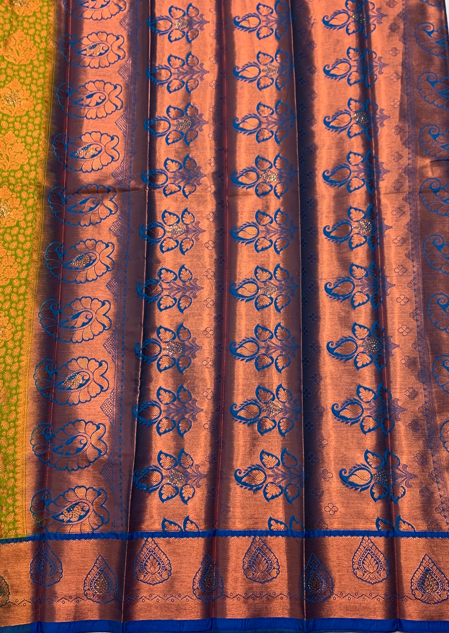 Vegan Silk Saree Apple Green Colour with Copper and Blue Border
