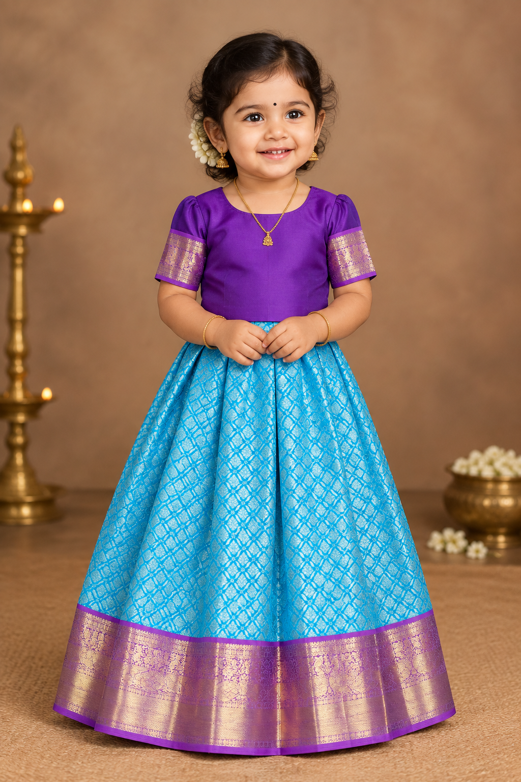 Sky Blue Shade Pure Kanchipuram Kids Pattu Pavadai with Contrast Border for Newborn to 2 Years
