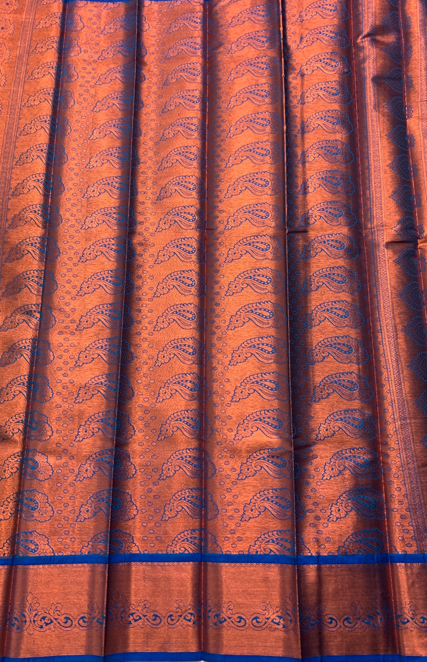 Vegan Silk Saree Maroon Colour with Copper and Blue Border