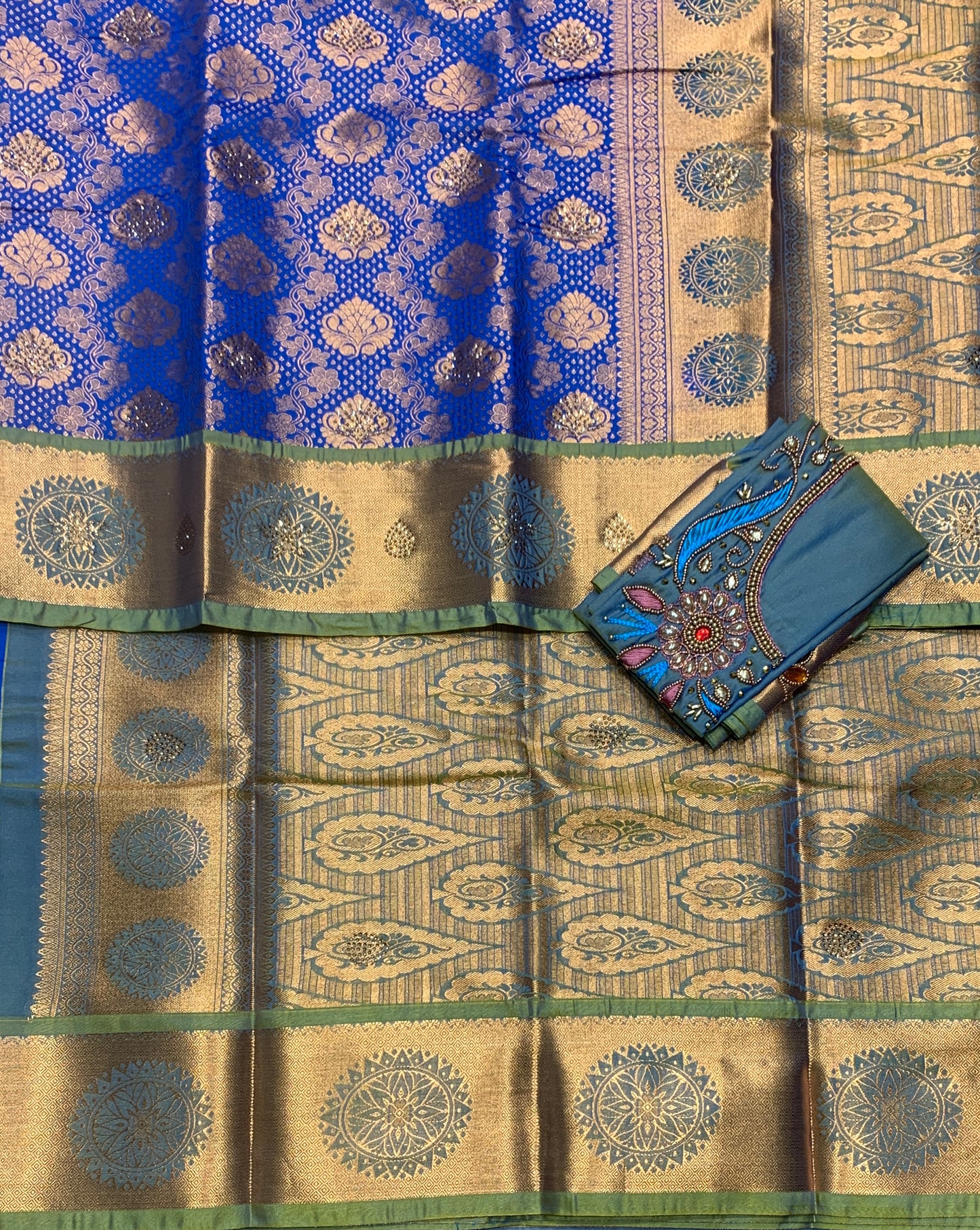 Bridal Vegan Silk Saree Blue shade with Light Green Border with Unstitched blouse in Aari Work