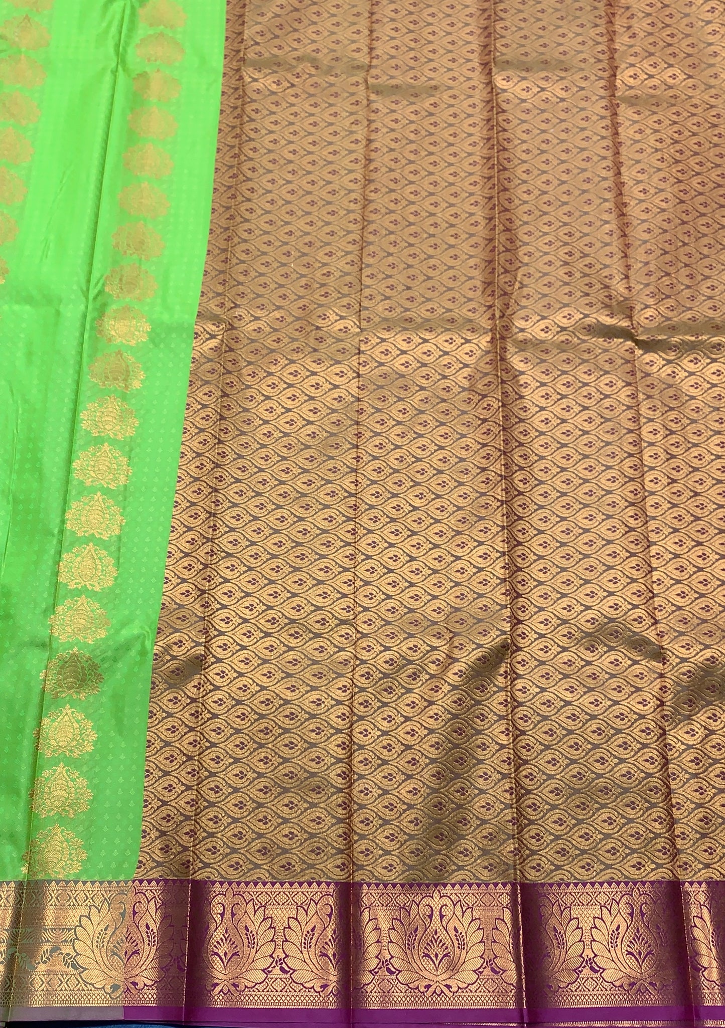 Vegan Silk Saree Light Green Colour Saree with Copper Border