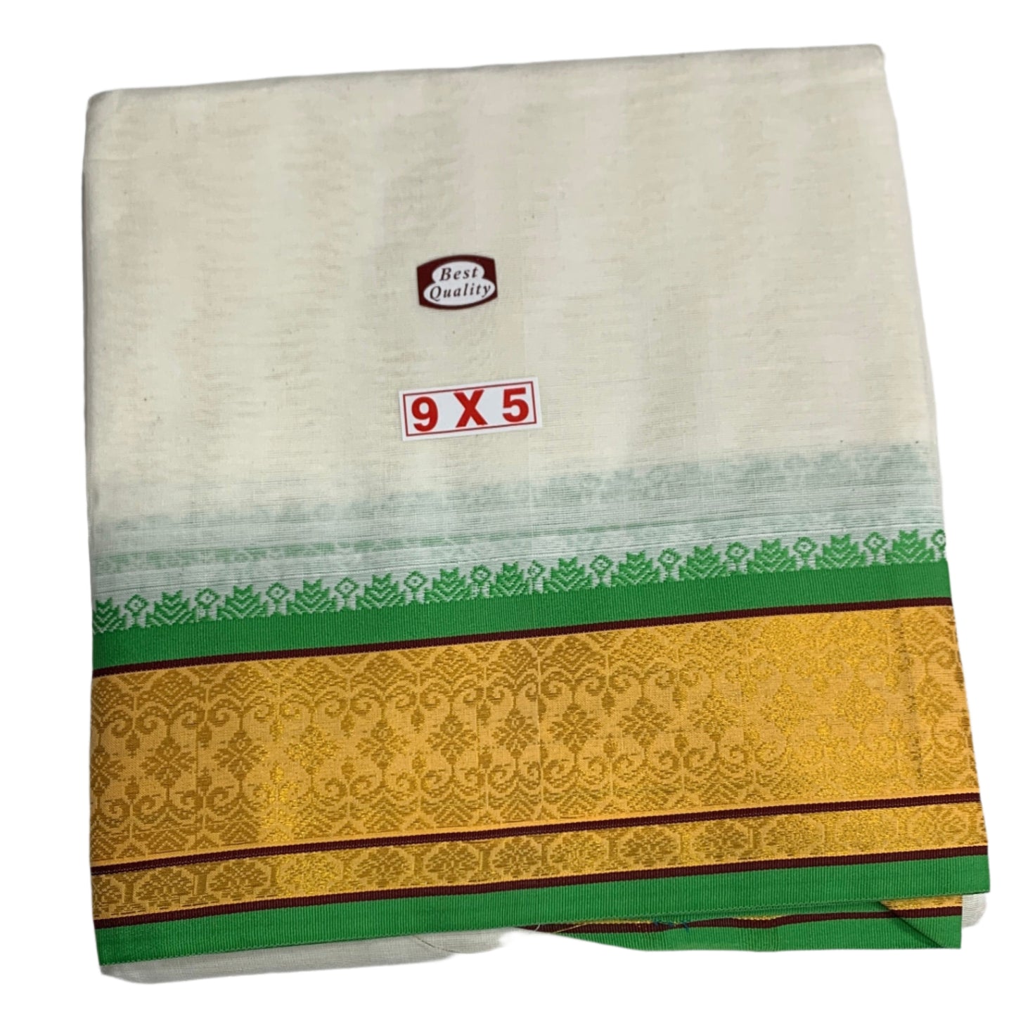 9X5 Cotton Unbleached Dhoti with Angavastram with Yellow Border
