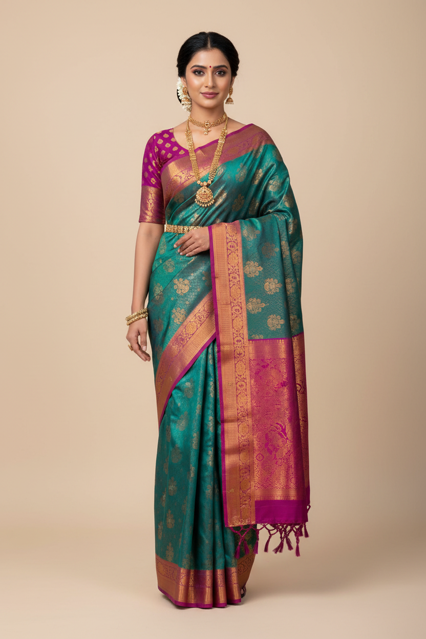 Art Silk Saree Peacock Green Shade with Magenta Border