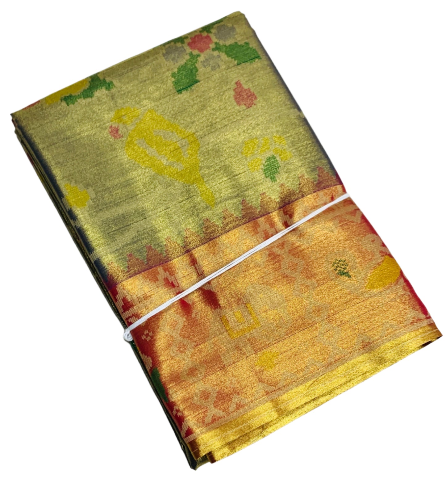 Pochampalli Tissue Silk Saree Golden Gray Colour with Golden Orange Border