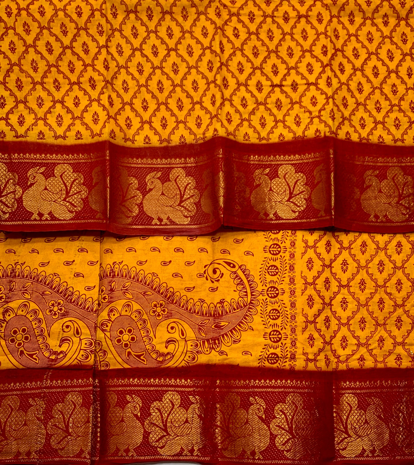 Chettinad Sungudi Cotton Mustard Colour with Maroon Border