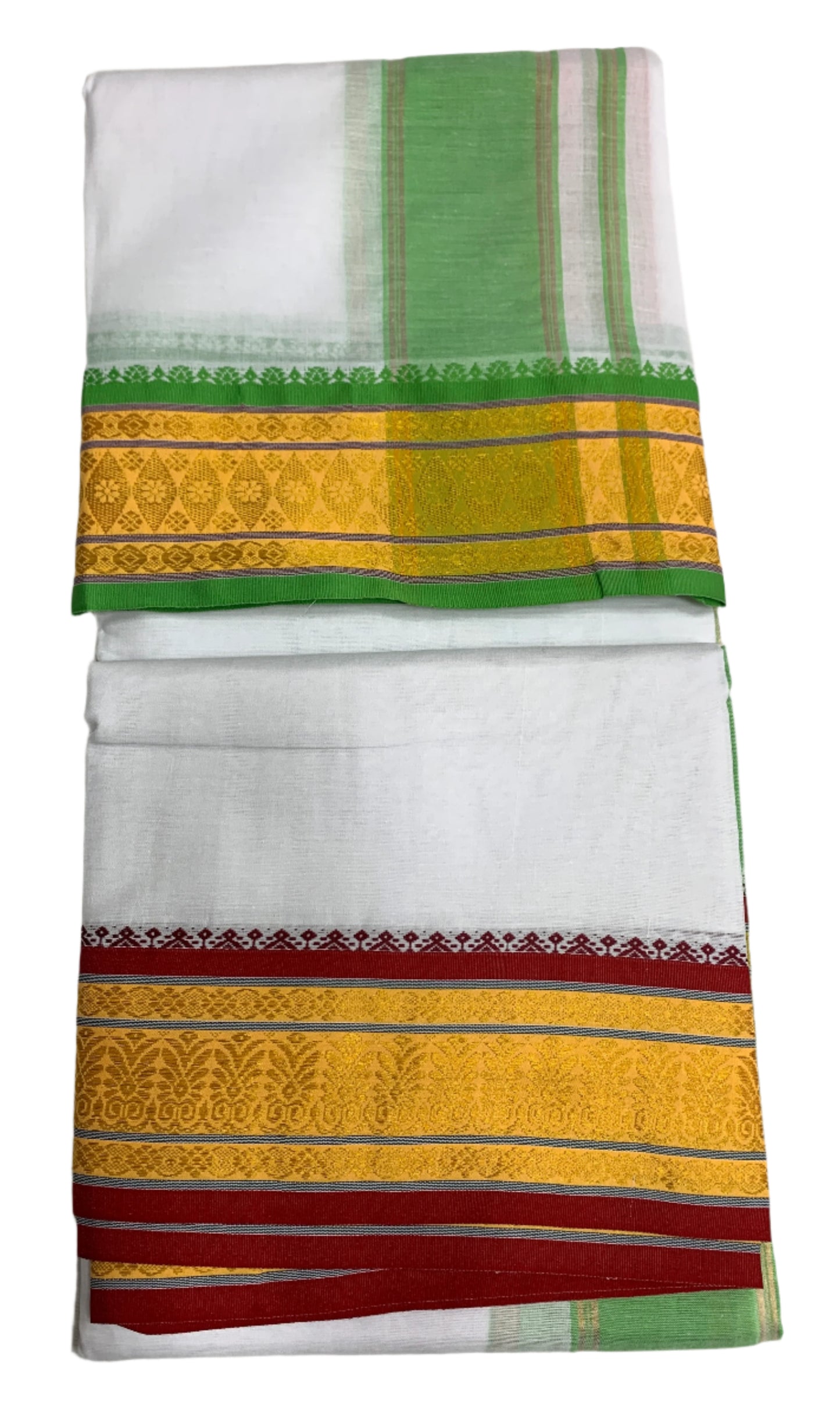 9X5 Cotton Dhoti White Colour with Yellow and Light Green Border