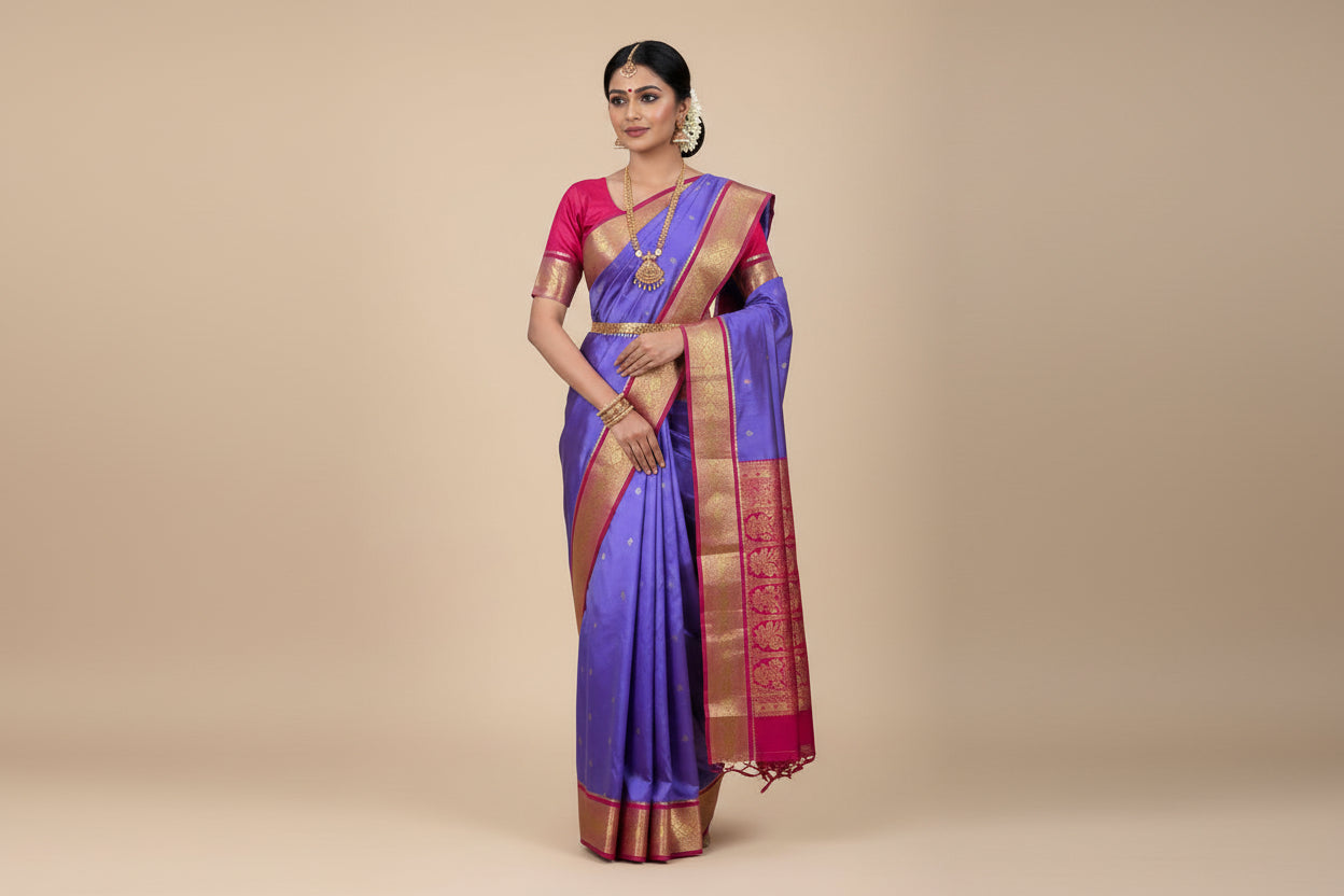 Lavender Shade Saree with Golden and Pink Border