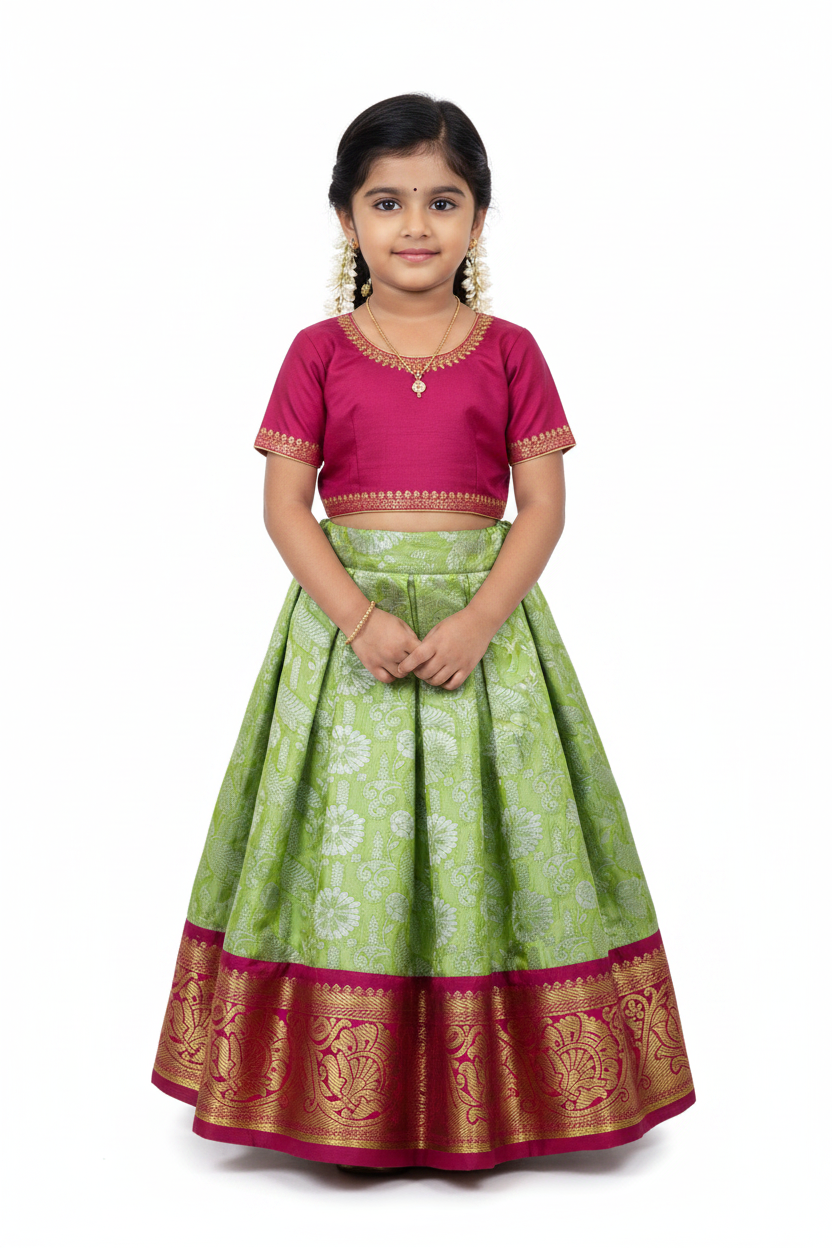 Pista Green Shade Vegan Silk Kids Pattu Pavadai with Contrast Border for Newborn to 2 Years
