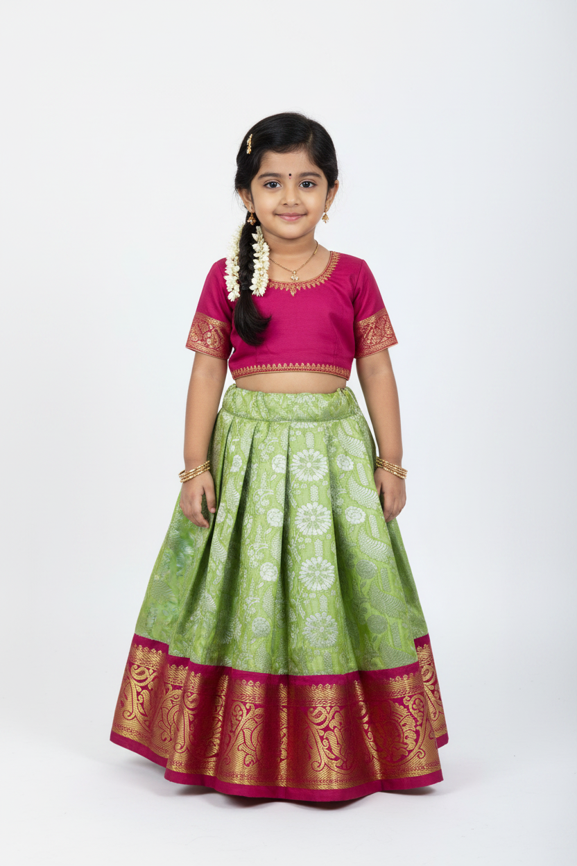 Pista Green Shade Vegan Silk Kids Pattu Pavadai with Contrast Border for Newborn to 2 Years