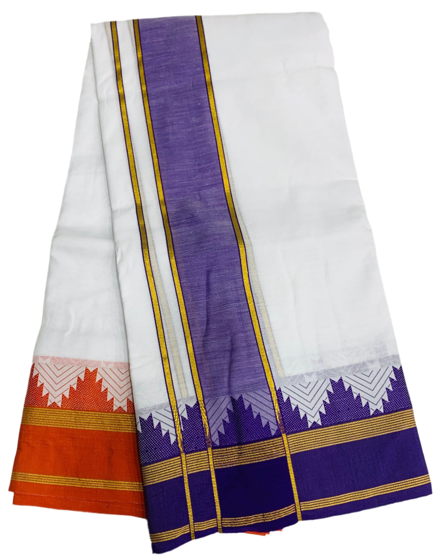 9X5 Cotton Dhoti White Colour with Violet and Orange Border