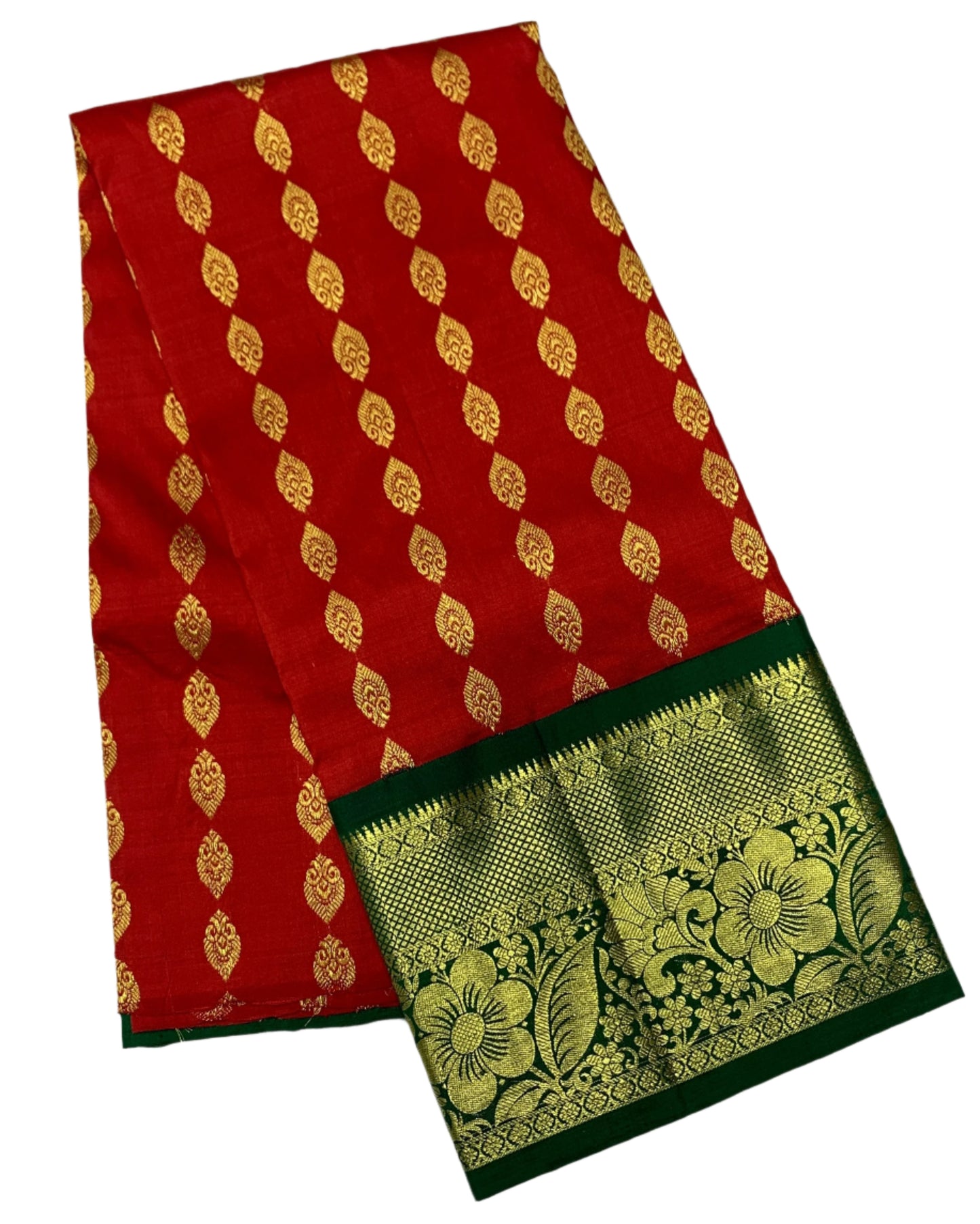 Red Colour Pure Kanchipuram Kids Pattu Pavadai with Contrast border for age 2 to 5