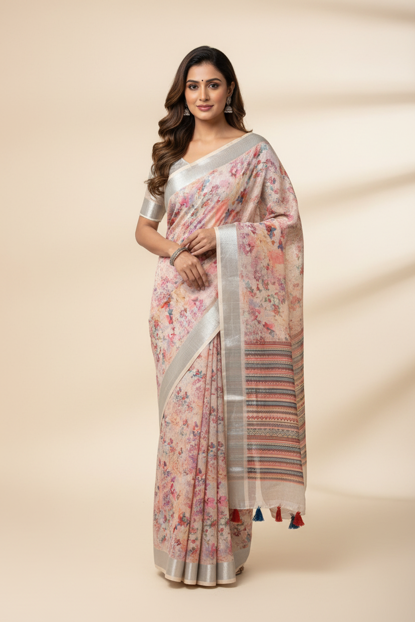 Jute Cotton Saree Baby Pink Shade with Thread Border