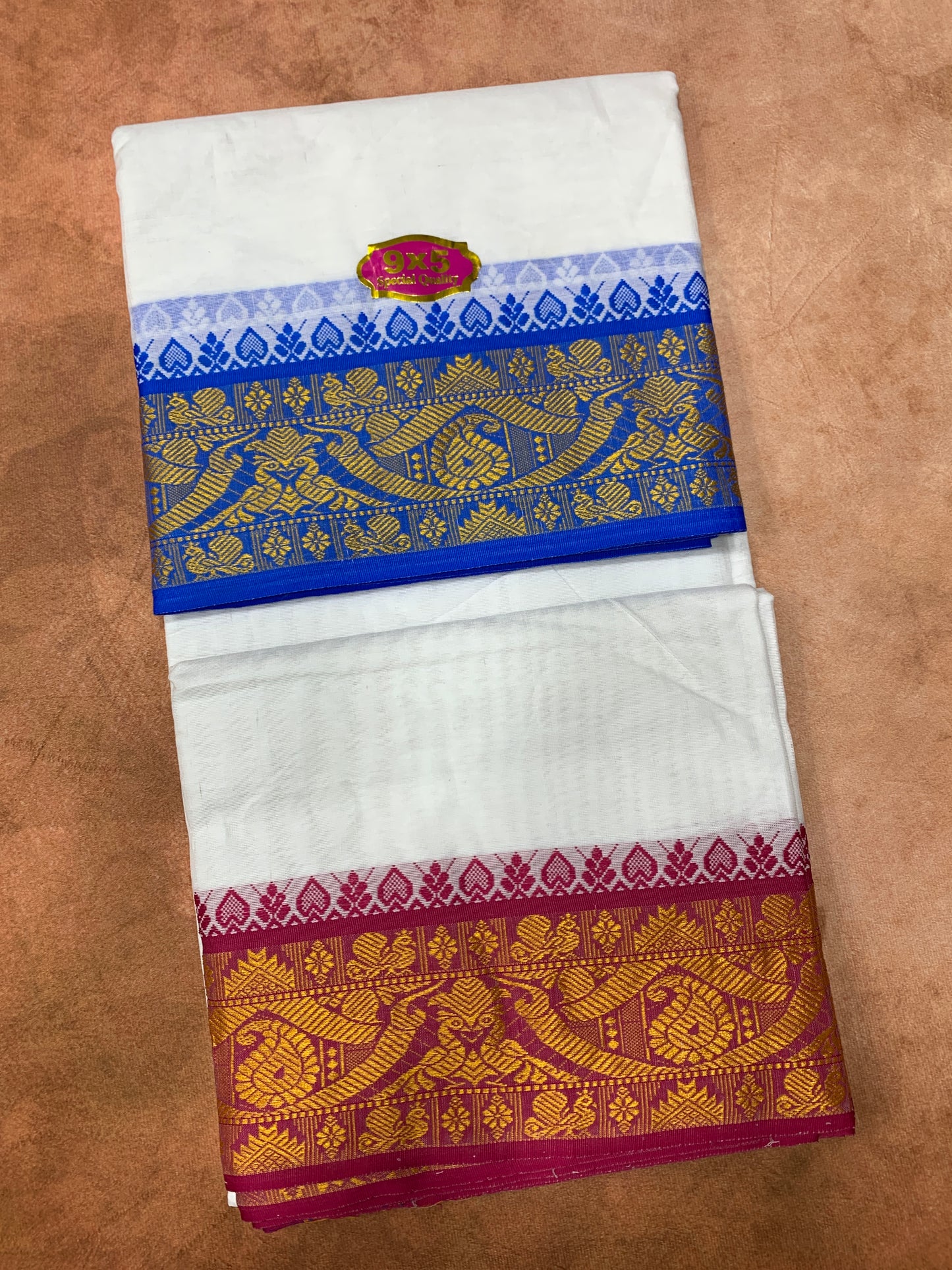 9X5 Cotton Dhoti White with Sky Blue and Pink Ganga Jamuna Border