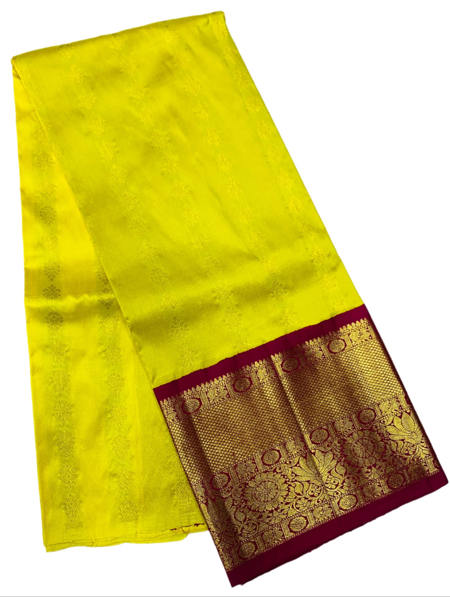 Yellow Shade Pure Kanchipuram Kids Pattu Pavadai with Contrast Border for age 5 to 10