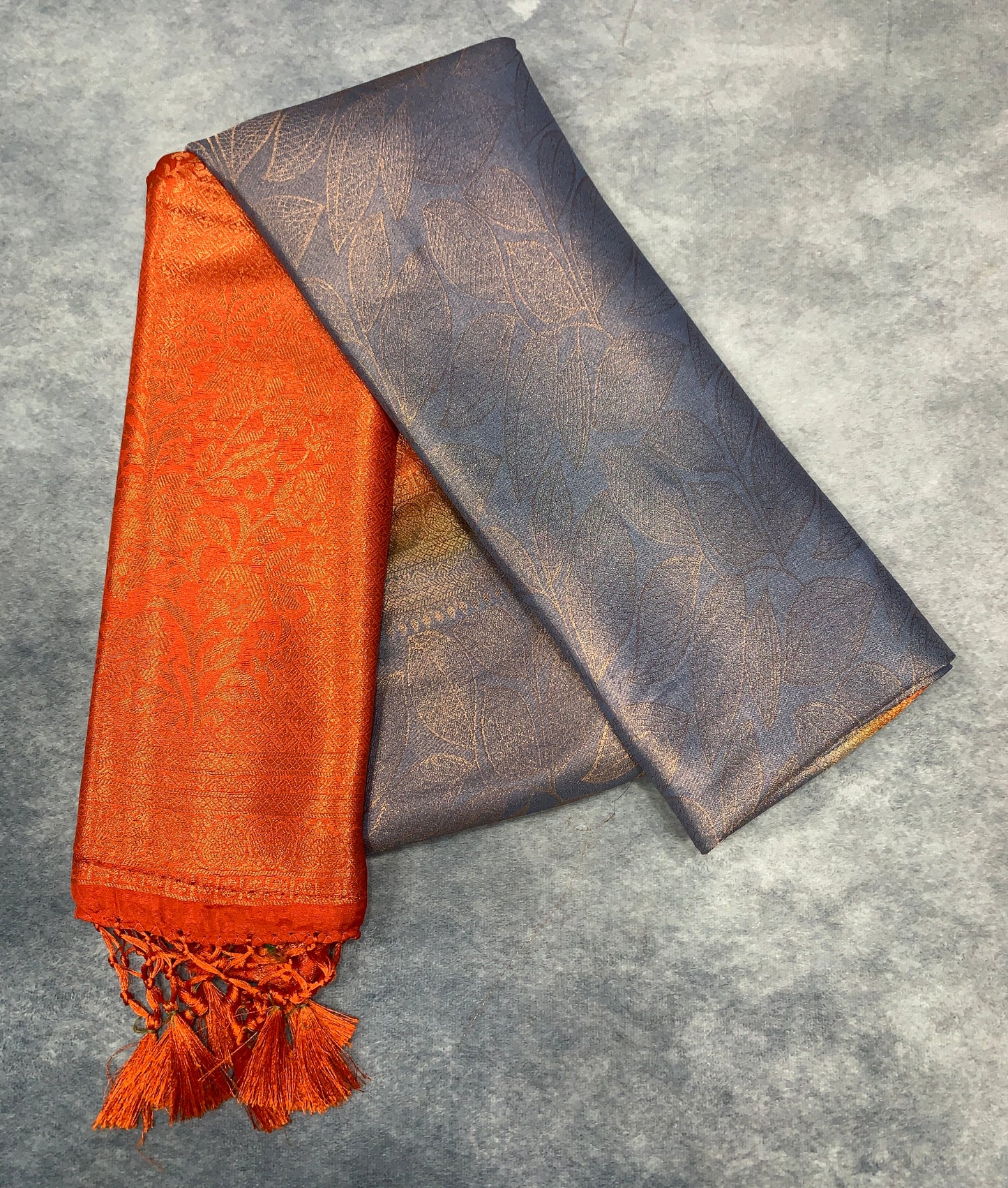 Soft Silk Saree Gray Colour with Orange Colour Pallu