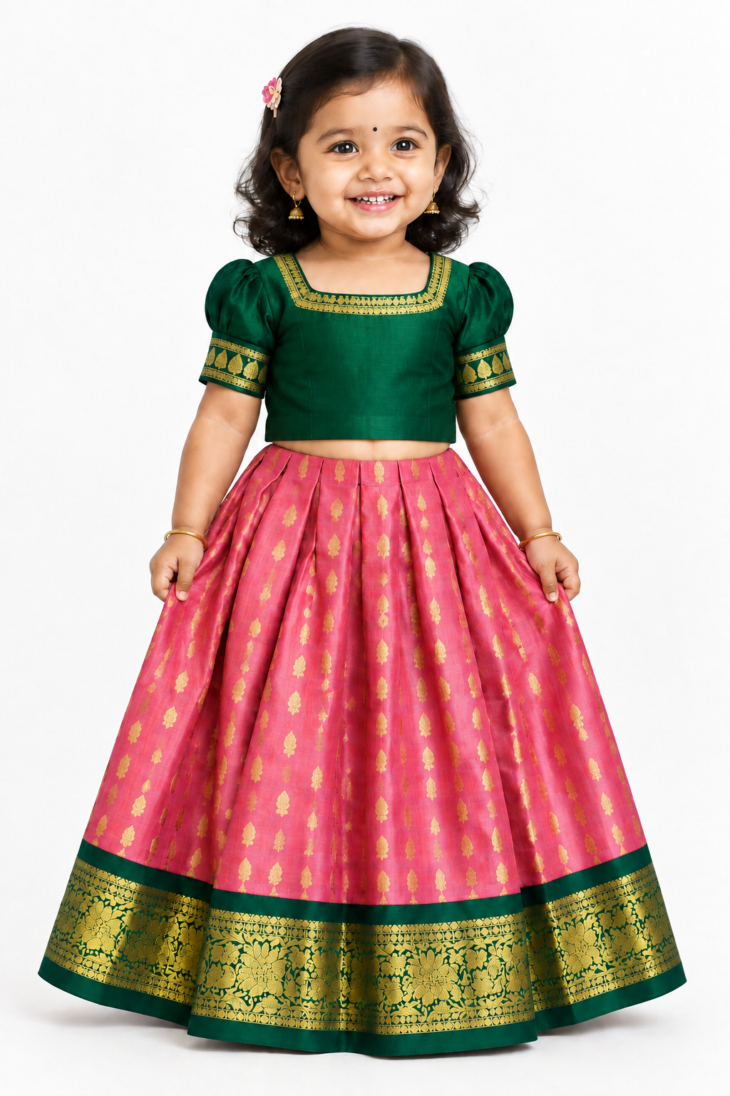 Rose Pink Shade Pure Kanchipuram Kids Pattu Pavadai with Contrast Border for Newborn to 2 Years