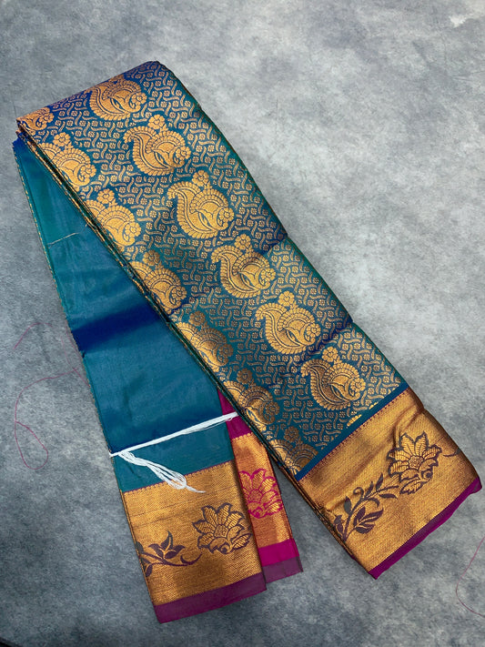 Vegan Silk Saree Rama Blue Colour with Copper and Magenta Border