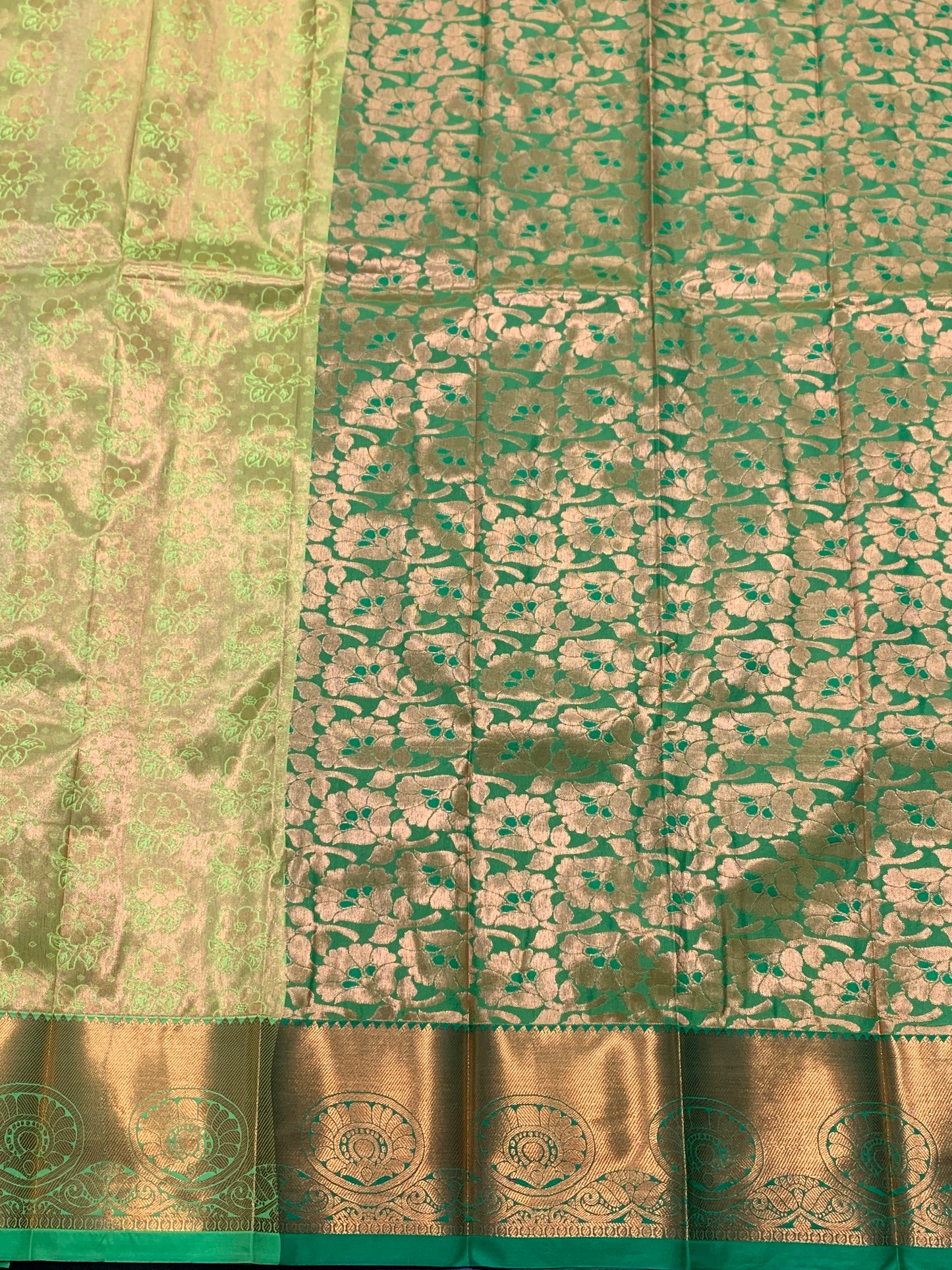 Vegan Silk Saree Apple Green Colour Saree with Copper Border