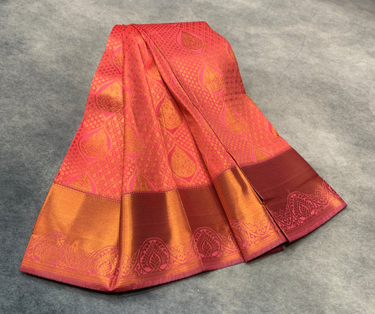 Vegan Silk Saree Peach Pink Colour with Copper Floral Design Border