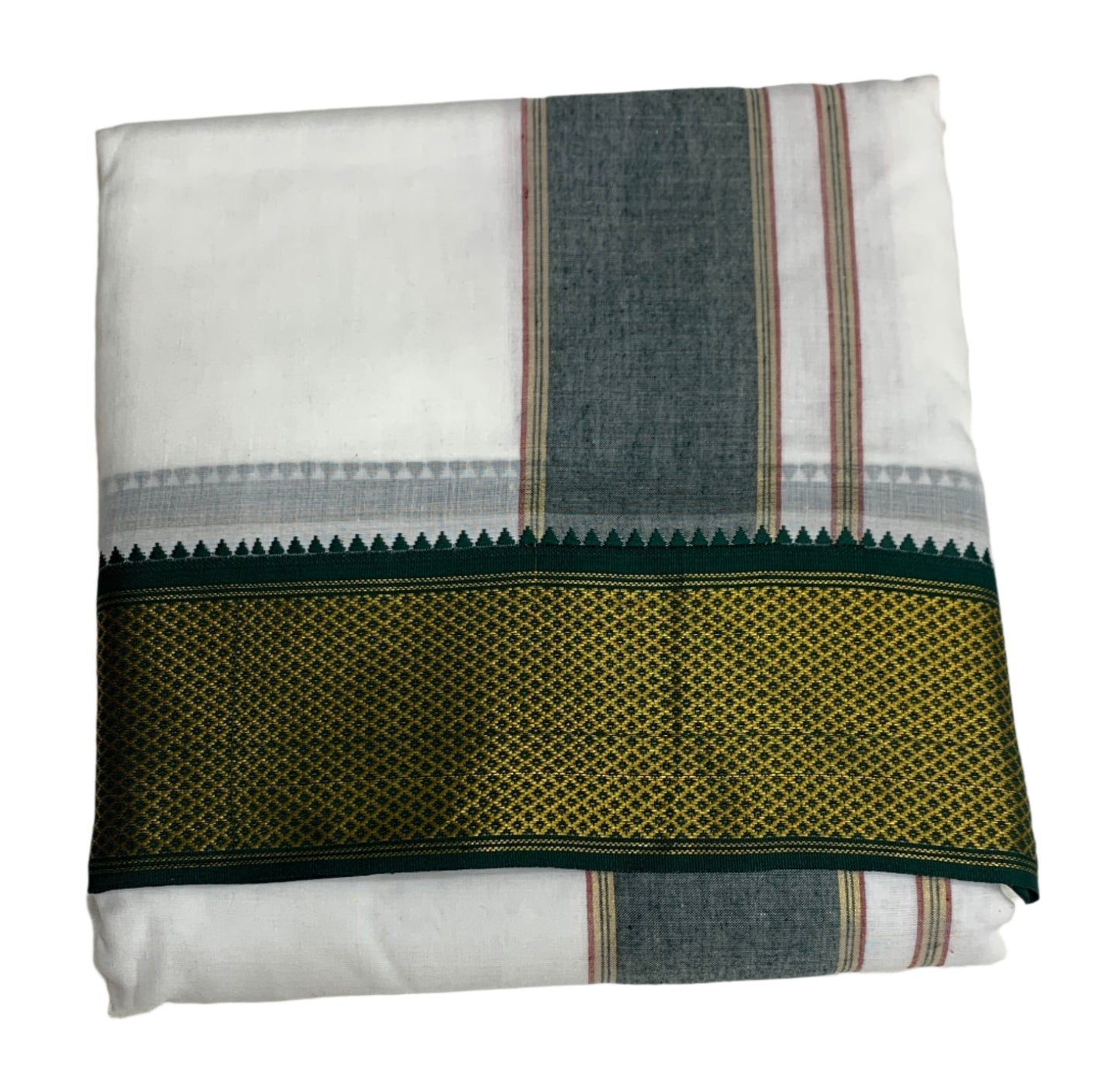 9X5 Cotton Dhoti White Big Green and Maroon Zari Border with Angavastram