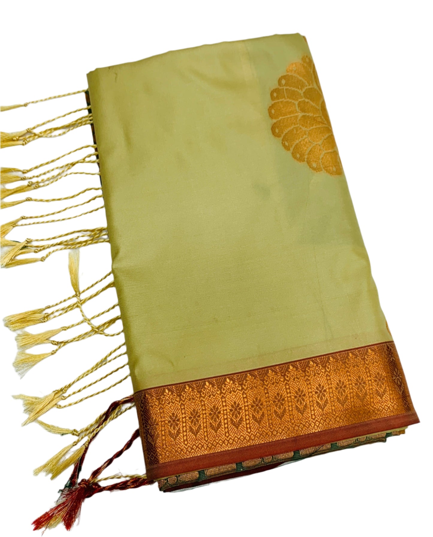 Soft Vegan Silk Saree Pista Green Colour with Copper Border