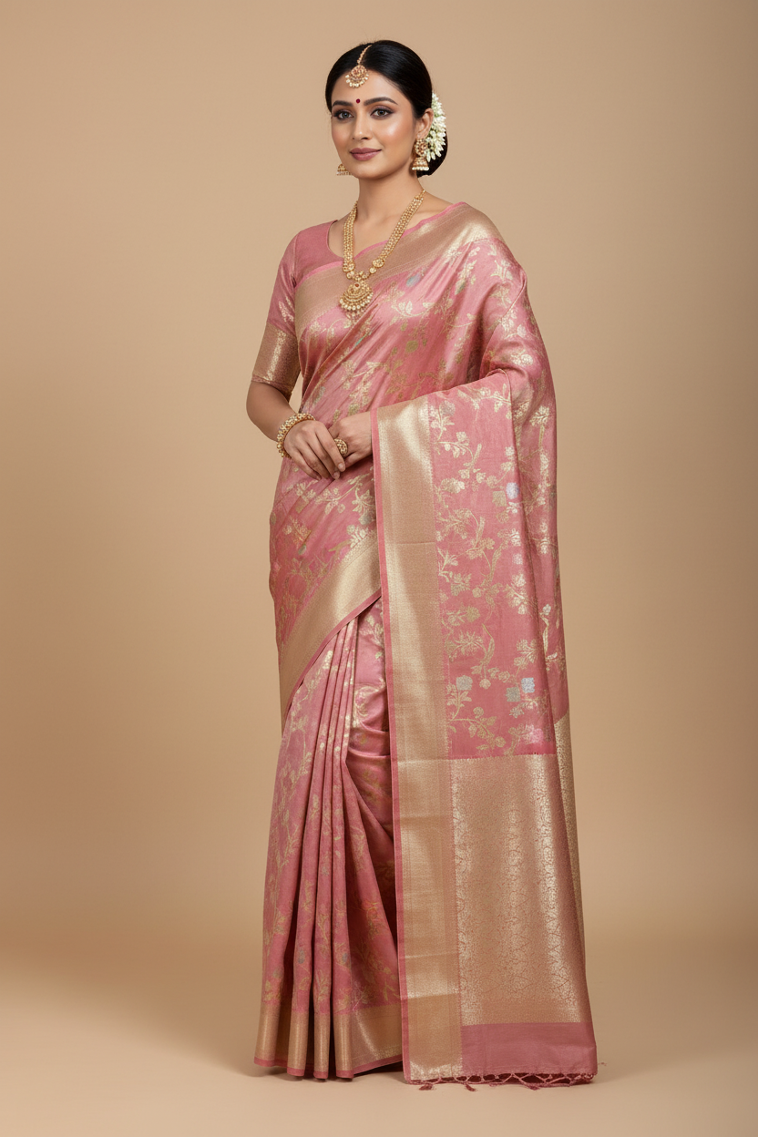 Meenakari Banaras Tissue Silk Saree Light Rose Pink Colour