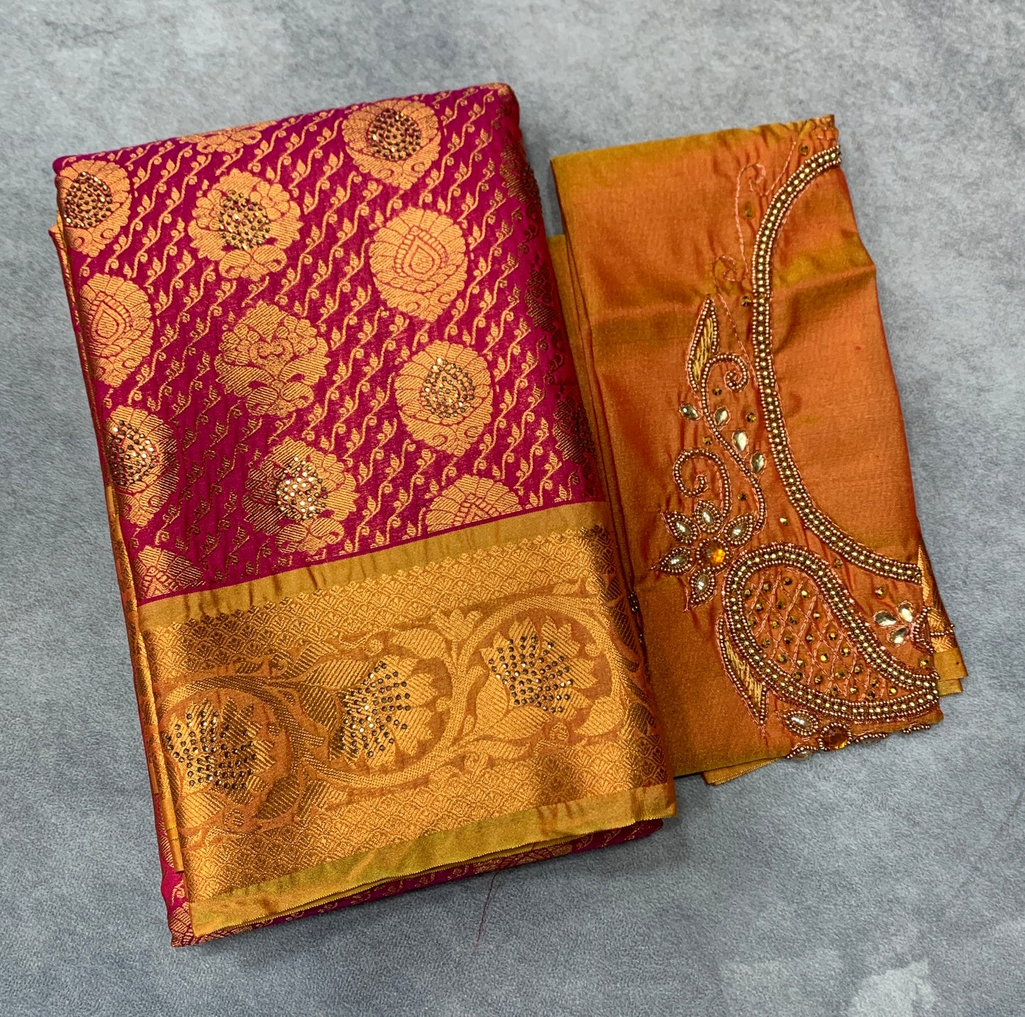 Bridal Vegan Silk Saree Pink shade with Golden Yellow Border with Unstitched blouse in Aari Work