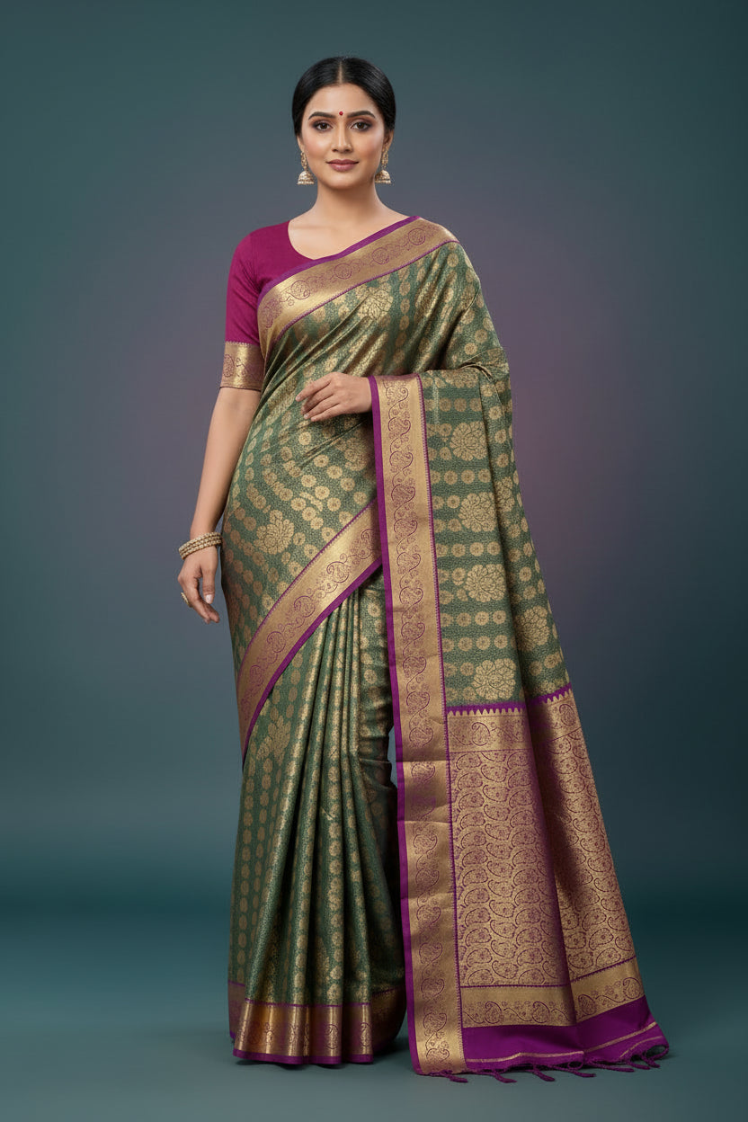 Vegan Silk Saree Olive Green Colour with Pink and Copper Border