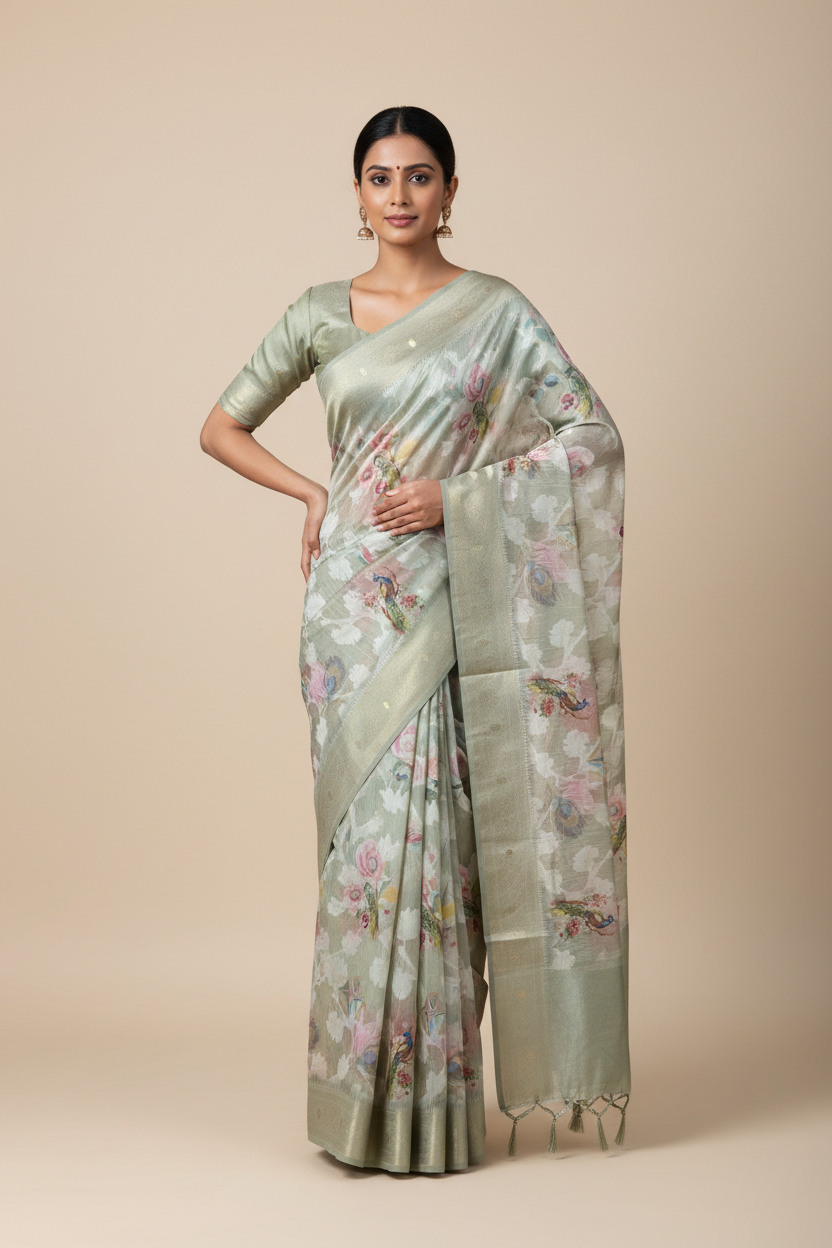 Digital Print Cotton Saree Army Green Colour with Floral and Birds Pattern