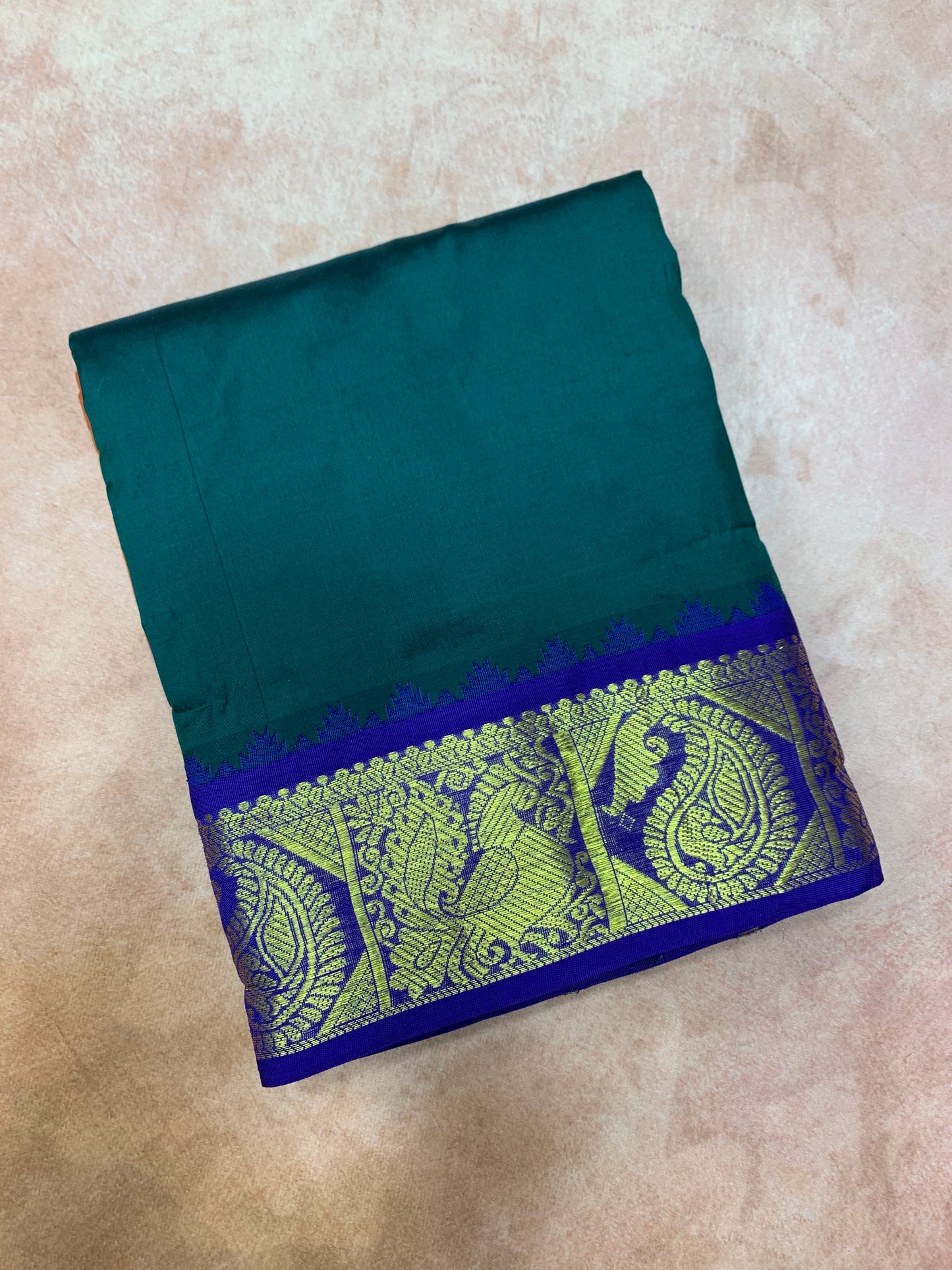 9X5 Pure Silk Dhoti Green Colour with Blue and Orange Ganga Jamuna Border