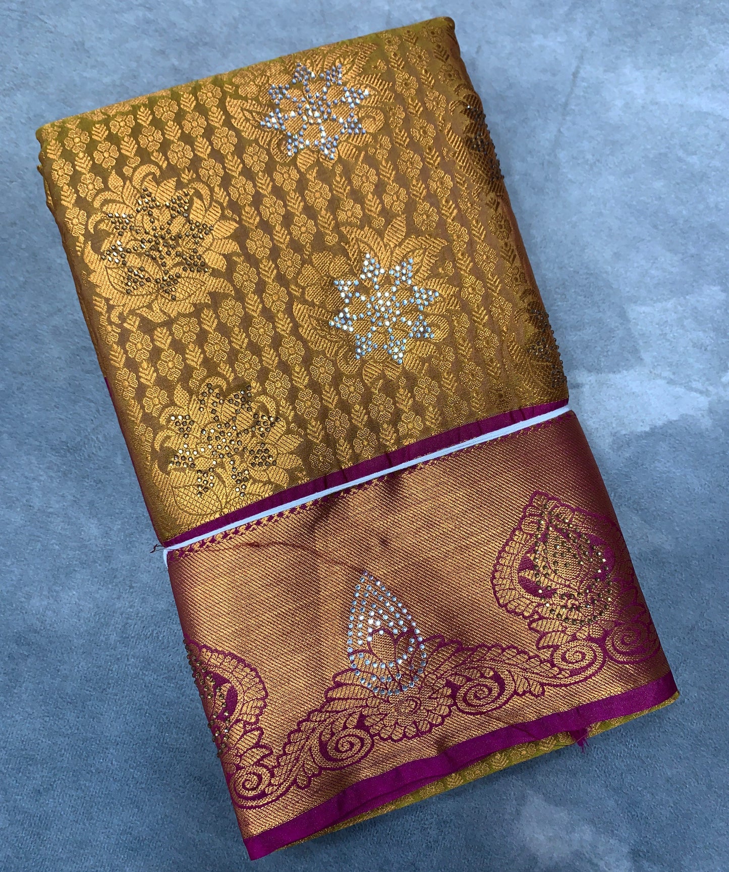 Vegan Silk Saree Golden Yellow Colour with Copper and Pink Border