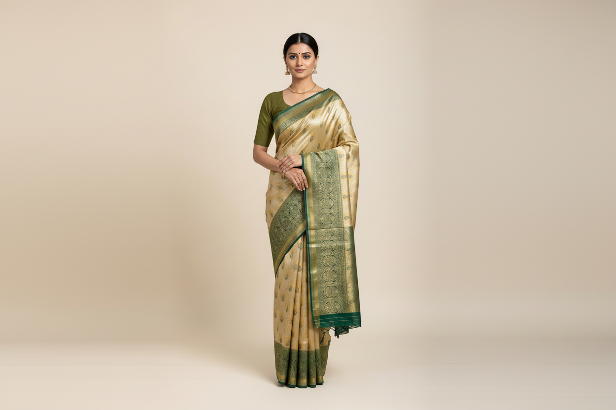Fancy Tissue Saree Golden Yellow Colour with Green Border