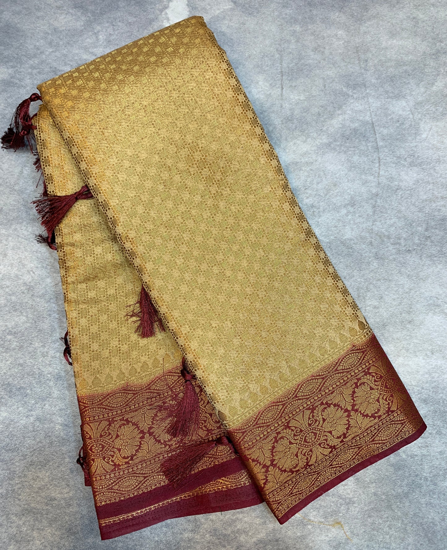 Crepe Saree Sandal Colour with Maroon Border