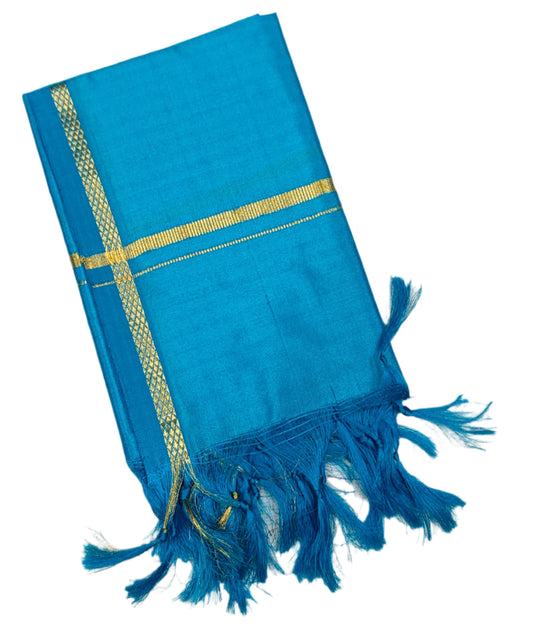 2 Mulam Silk Pooja Towel Sky Blue Colour