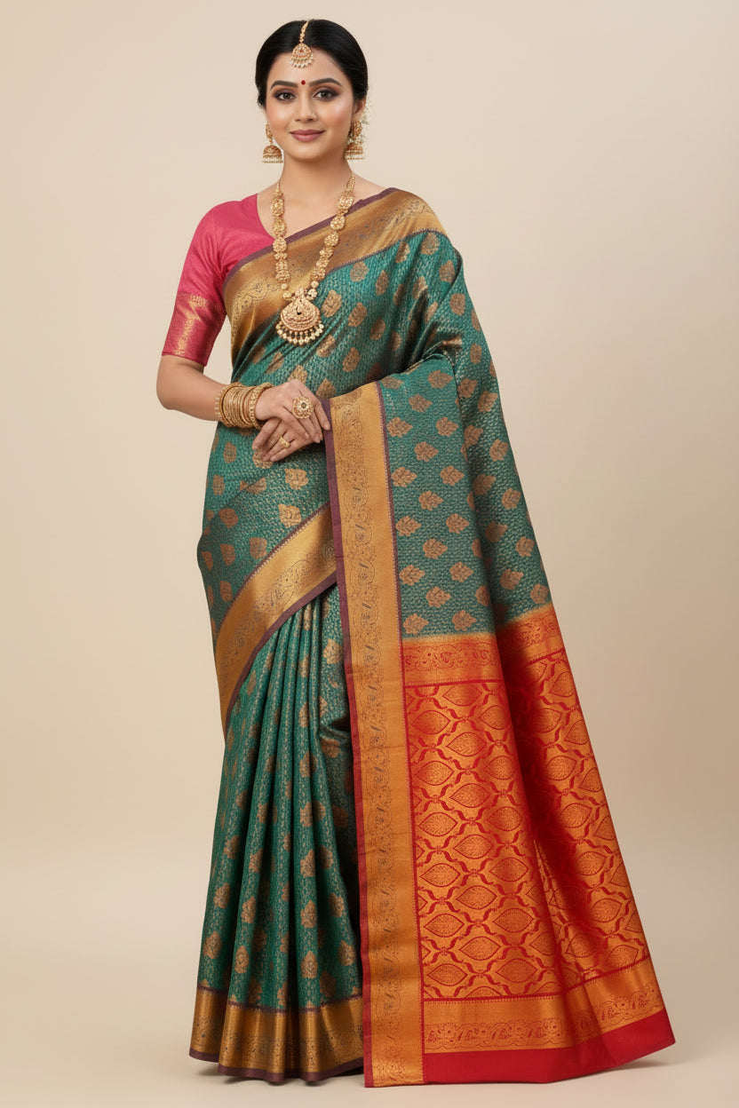 Vegan Silk Saree Peacock Blue Colour with Pink and Copper Border