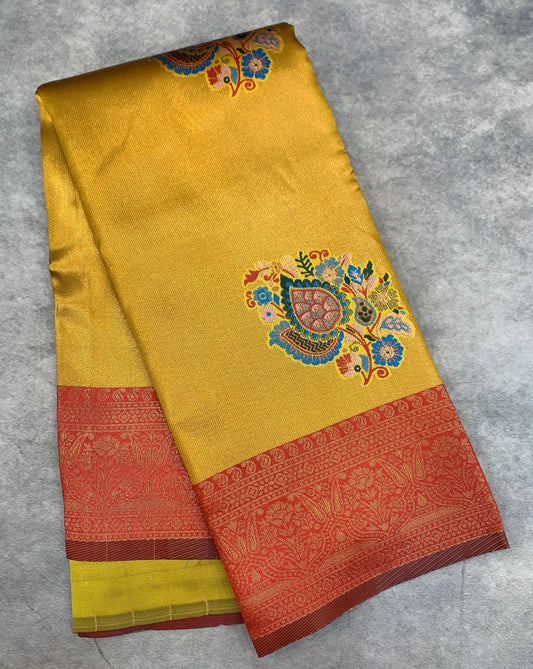 Fancy Tissue Saree Mustard Colour with Maroon Border