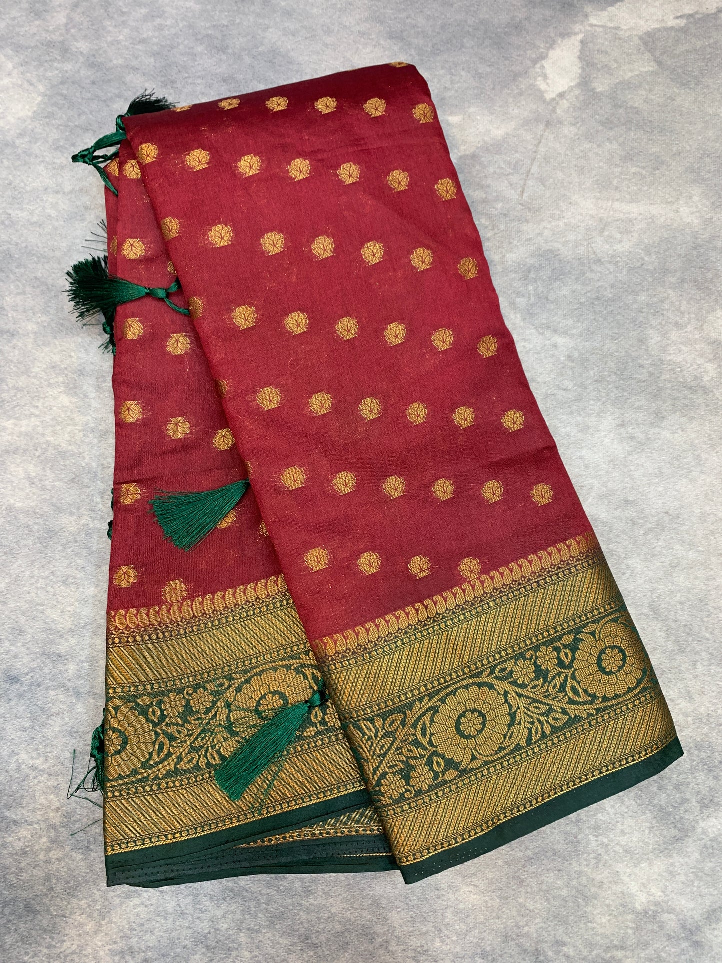 Crepe Saree Maroon Colour with Green Border