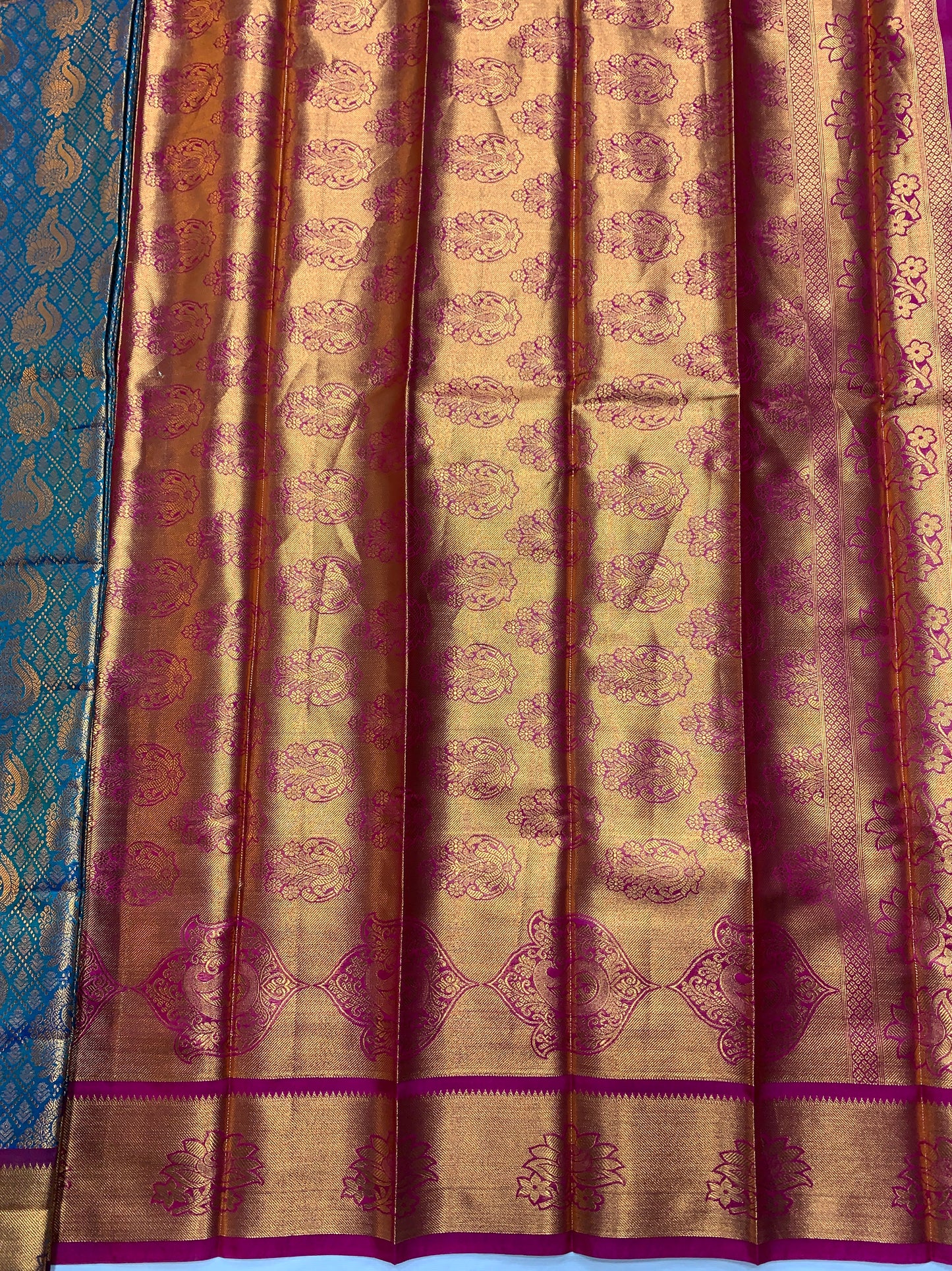 Vegan Silk Saree Rama Blue Colour with Copper and Magenta Border