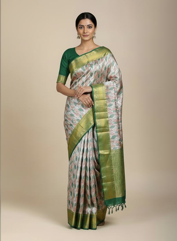 Green & Orange Leaf Soft Kanchi Tissue Pattu Saree with Green Border