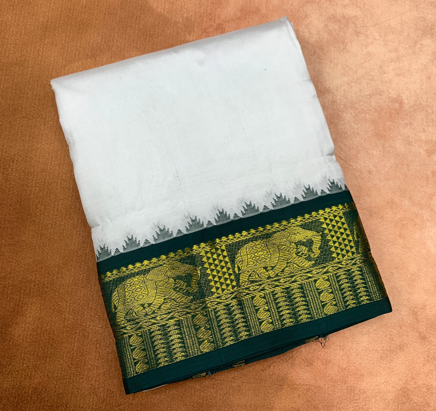 9X5 Pure Silk Dhoti White Colour with Green and Maroon Ganga Jamuna Border