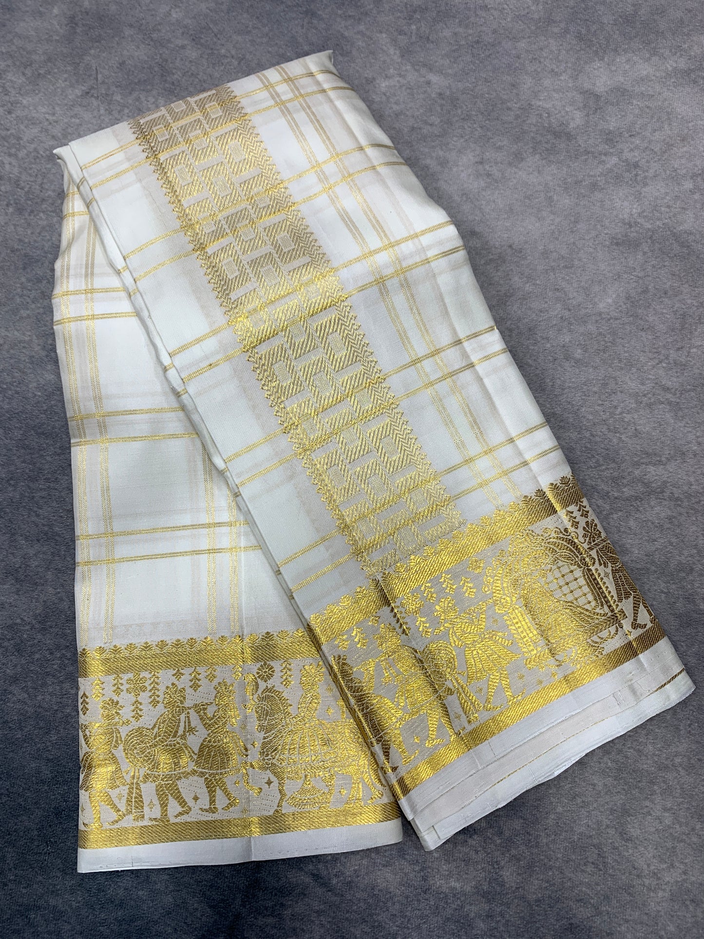 9X5 Pure Silk Dhoti White Colour with Golden Colour Fancy Jaquard Border