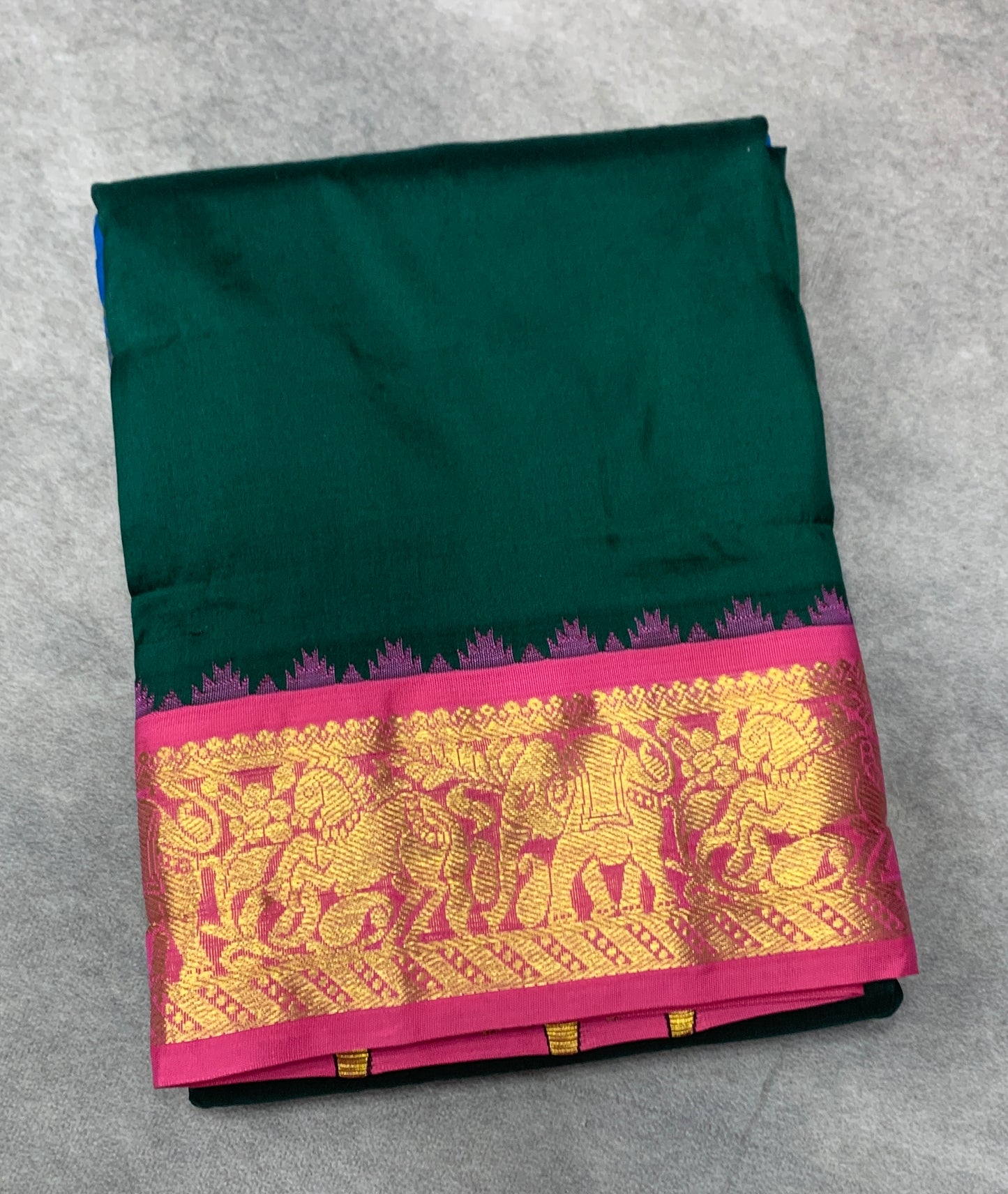 9X5 Pure Silk Dhoti Green Colour with Pink and Sky Blue Ganga Jamuna Border