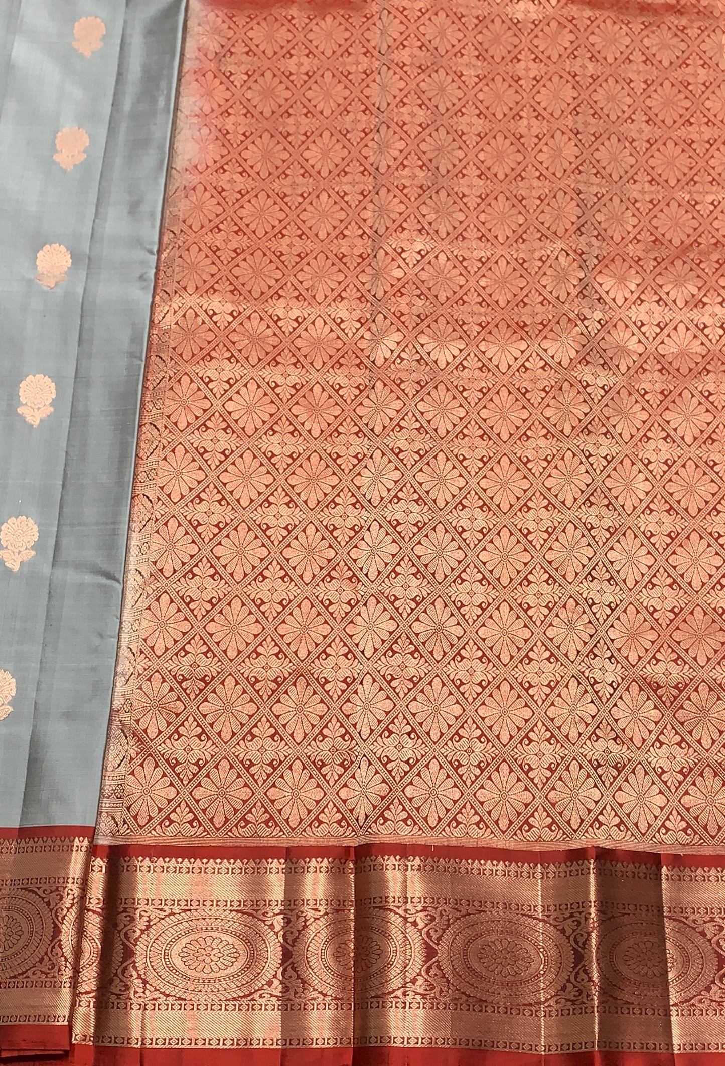 Pure Kanchipuram Silk Saree Gray Colour with Maroon Border