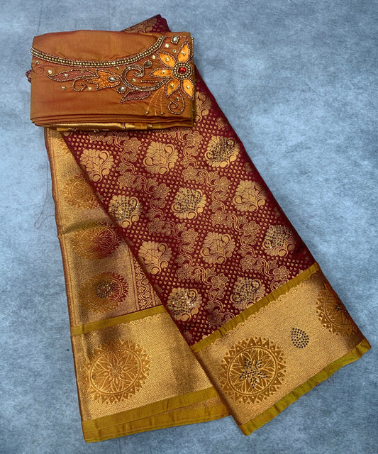 Bridal Vegan Silk Saree Maroon shade with Golden Yellow Border with Unstitched blouse in Aari Work