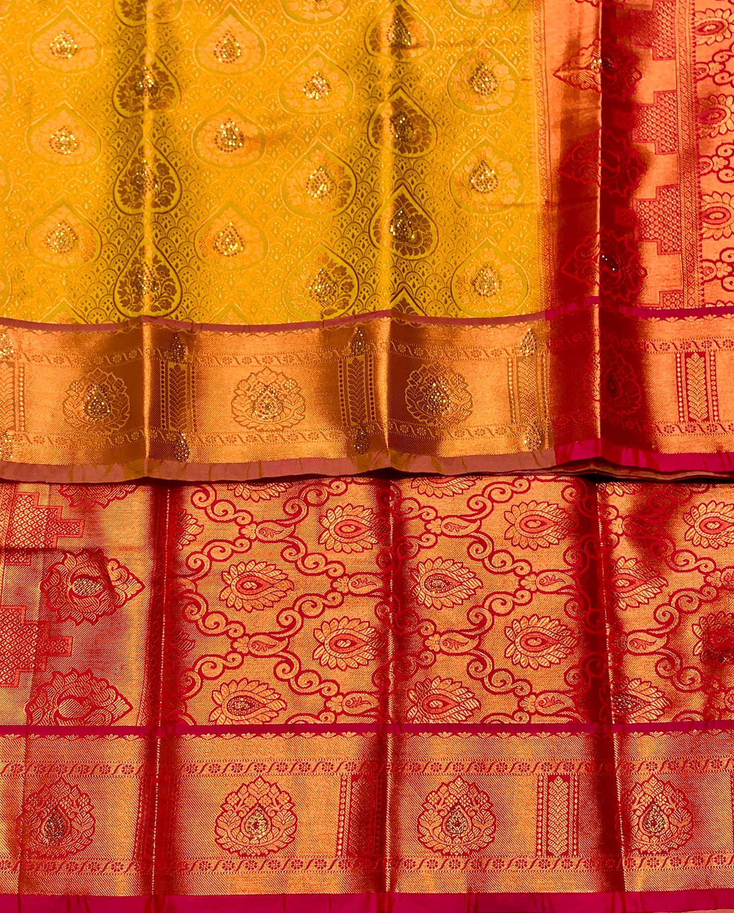 Vegan Silk Saree Yellow Colour with Copper and Pink Border