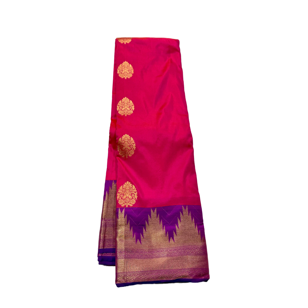 Pure Kachipuram Silk Saree Baby Pink Colour with Purple with gopuram Border