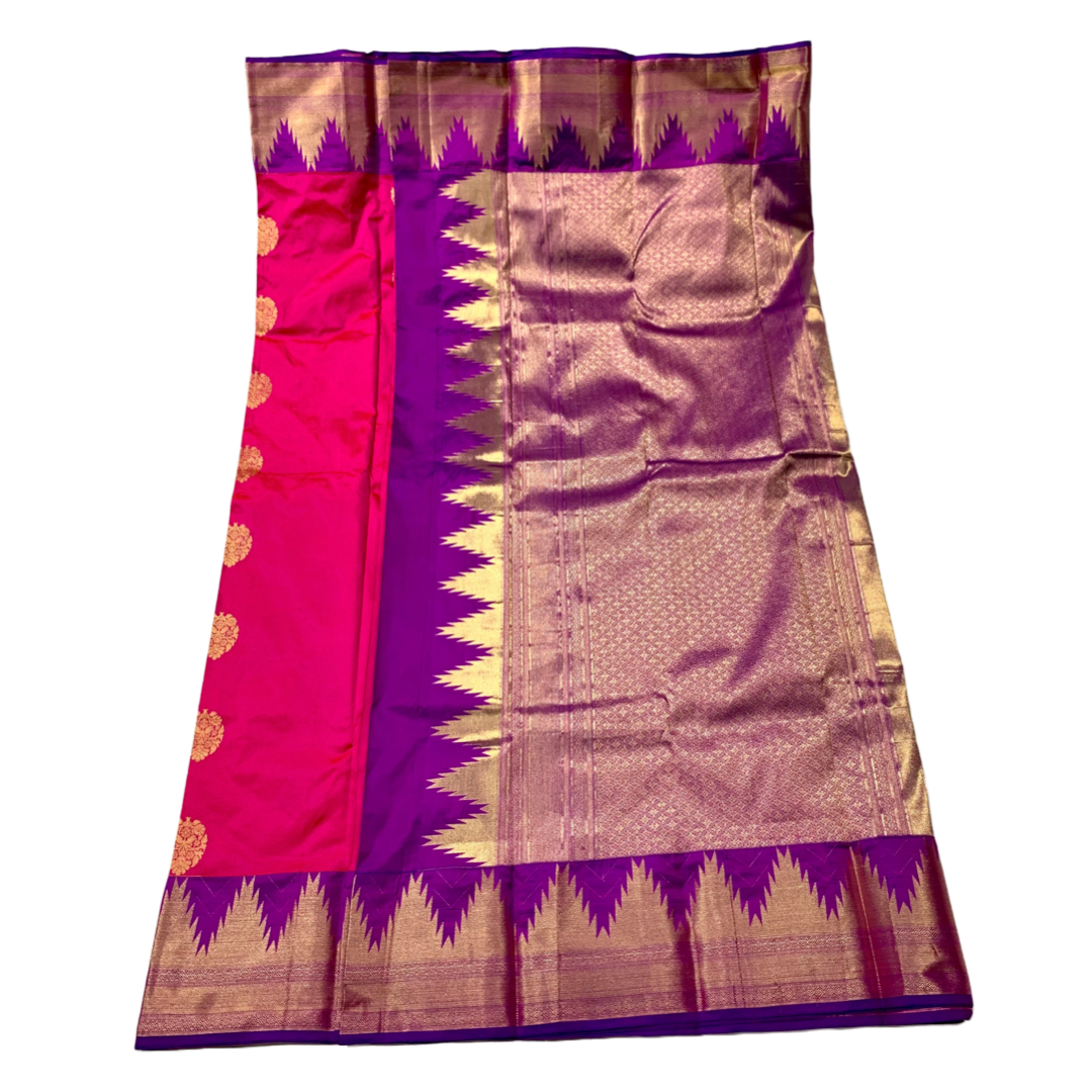 Pure Kachipuram Silk Saree Baby Pink Colour with Purple with gopuram Border