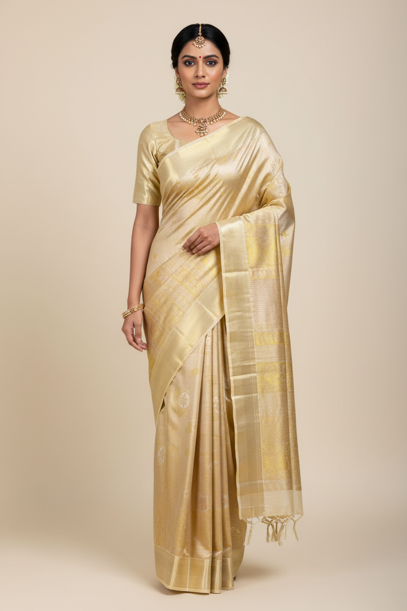 Fancy Tissue Saree Light Golden Colour with Self Colour Border